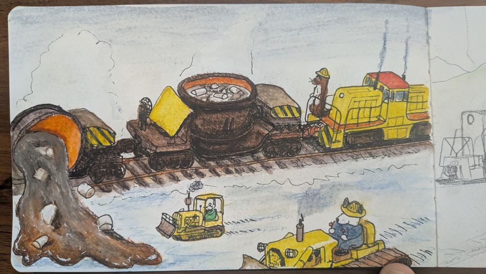 An illustration of a Richard Scarry inspired crew dumping steel mill slag cars full of hot chocolate on a bed of frosting.