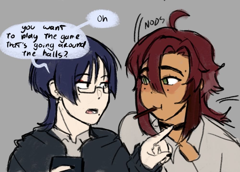 Scara: "Oh. You want to play the game that's going around the halls?"
Heizou nods
the game Scara is referring to is the "pocky game"