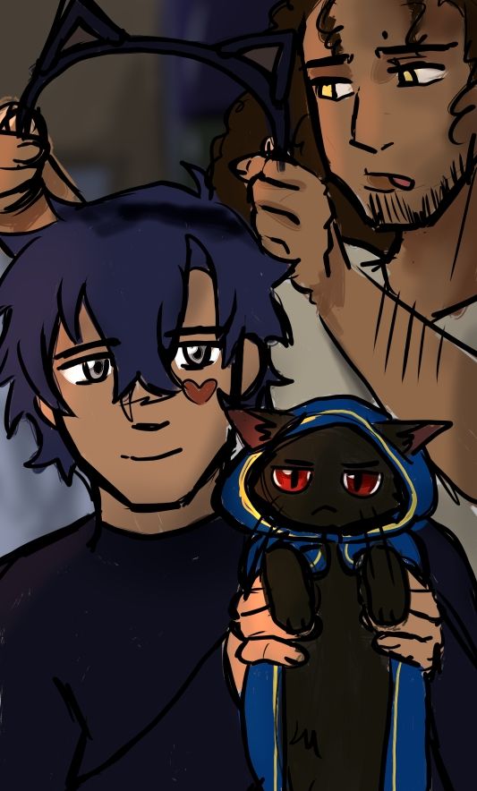 Drawing of a "selfie" between two guys. The shorter guy is holding up a cat with a costume to show off its outfit, he is unaware the taller guy behind him is trying to put a cat headband on his head