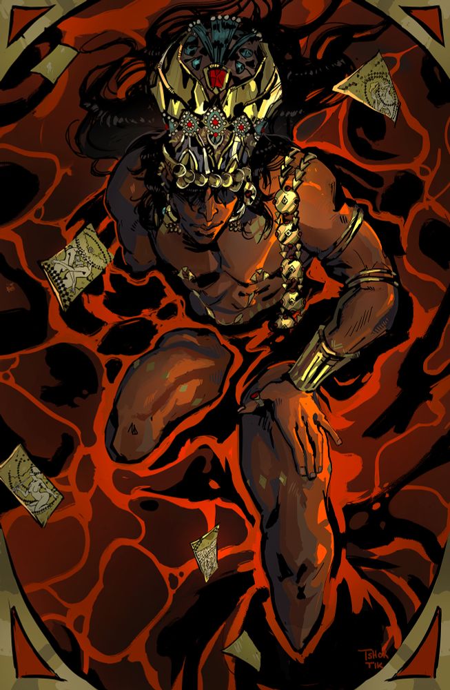 The Sultan from the game "Sultan's Game" is lying in a pool of crimson. The view is from above, as he looks up towards the viewer with a content expression, his eyes not visible. Several golden cards fly through the air. 