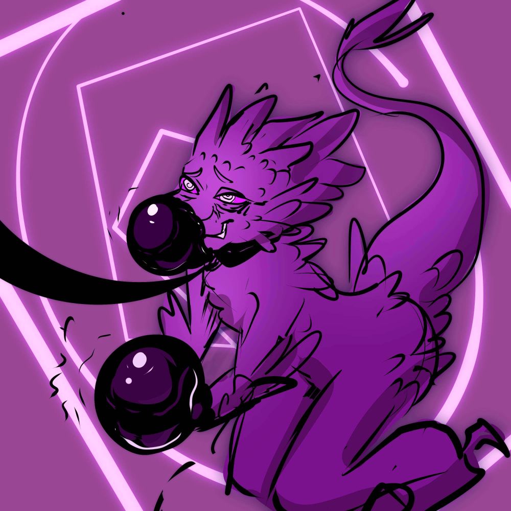 Art of Alexian, anthro male feathered raptor, kneeling, his has encased in a black latex black, a black latex blob stuck on his maw. He is leashed. The background and his eyes have pink hypnotic spirals.