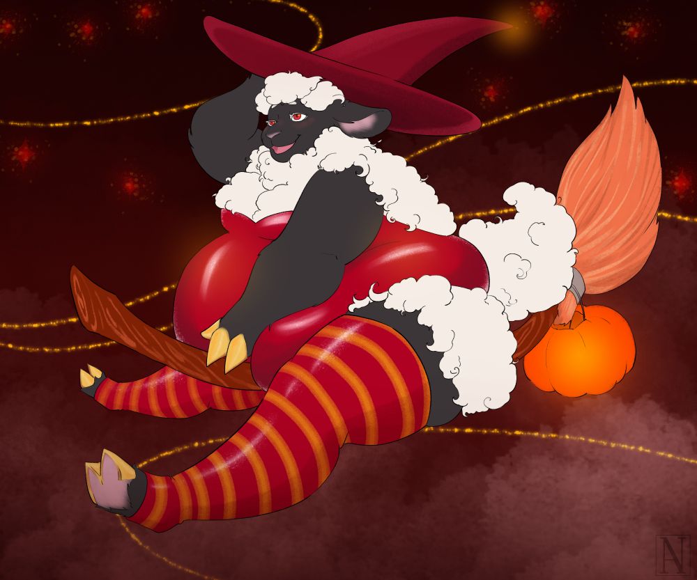 Stella, the anthro lamb, chubby riding a flying broom in a red sexy witches outfit