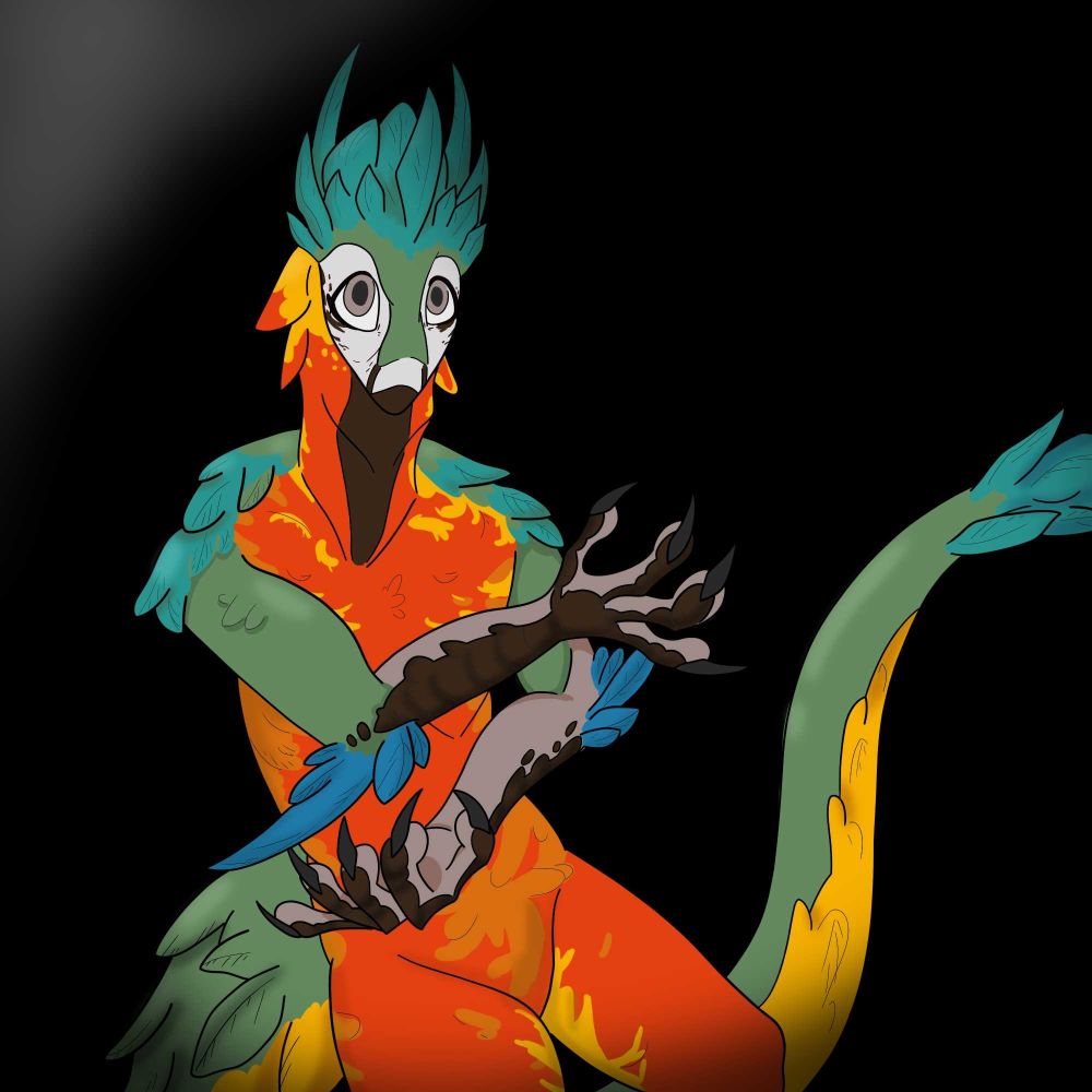 Alexian, the anthro male, brightly colored, feathered Velociraptor, standing posed, against a dark background