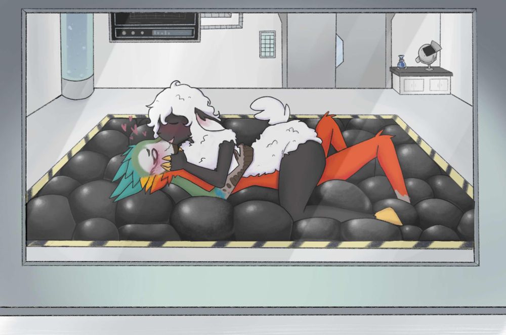 Stella, the anthro lamb cuddling and kissing Alexian, the anthro male feathered velociraptor, into a blob pit, which is a pit of black shiny squishy black balls. In a laboratory enviroment