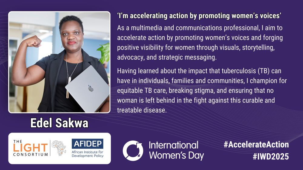Card showing Edel striking the pose for International Womens Day. I'm accelerating actiob by promoting women's voices. 