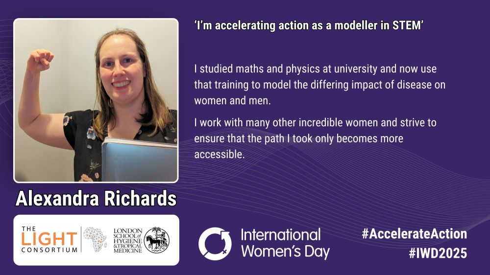 Card showing Alexandra Richards striking the IWD2025 pose. I'm accelerating action as a modeller in STEM.
