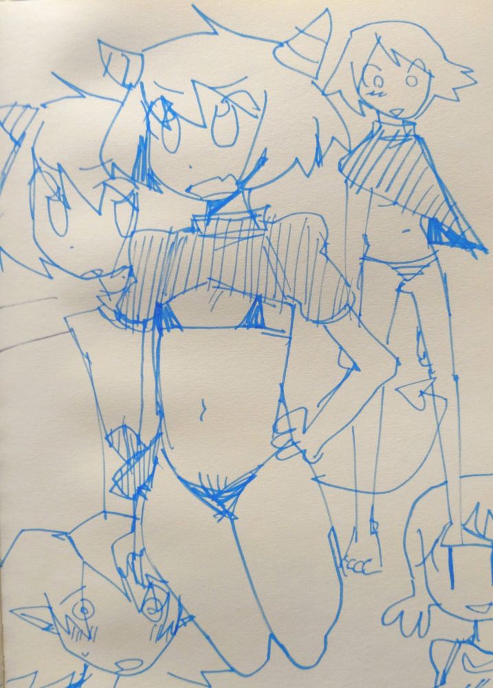 scantily clad gals drawn in blue marker on paper