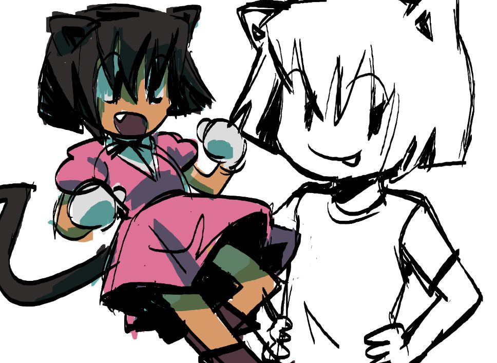 colored drawing of a small tanned catgirl wearing a pink dress and another colorless drawing of her in a plain tshirt