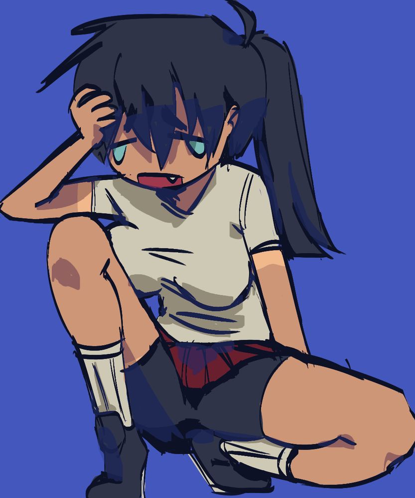 a tanned tomboyish girl squatting with one leg up, scratching her head as if she'd just hit it on something