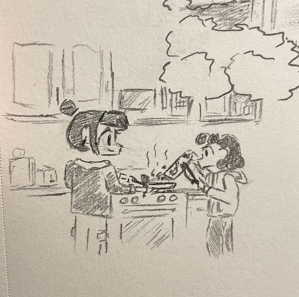 Two people cooking on a stove. One is tossing chopped veggies into a pan