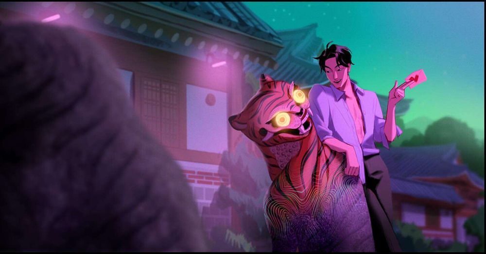 Jinu with his shirt open clutching a letter he wrote for Rumi and casually leaning on a tiger statue that's coming to life, its yellow eyes shining bright. Art by Mingjue Chen.