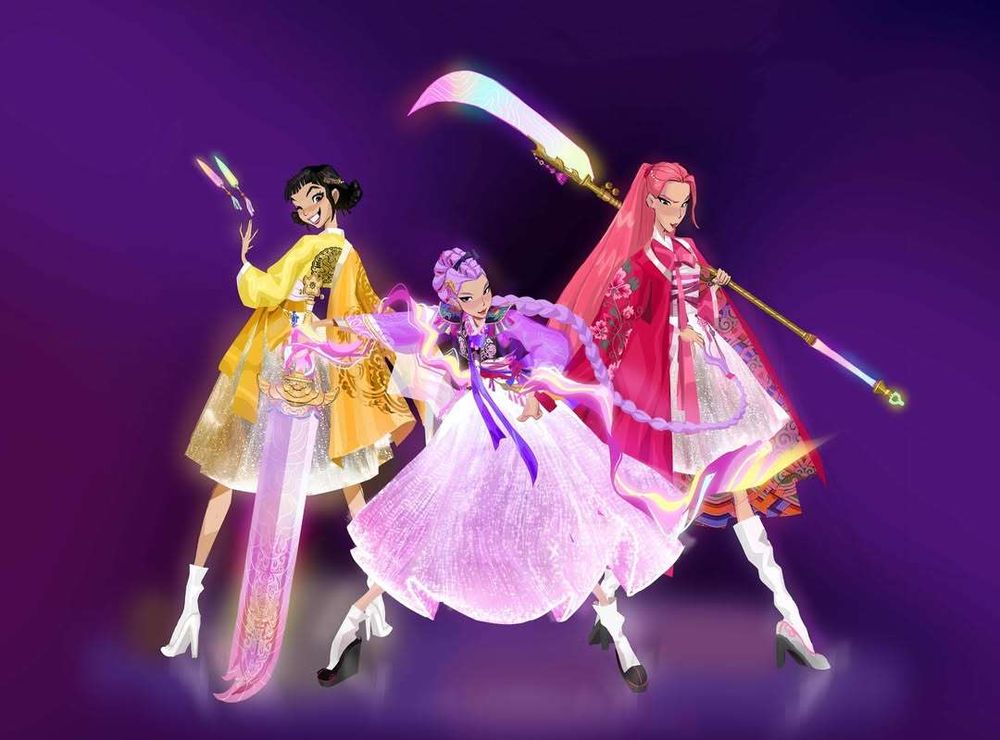 Zoey in a yellow hanbok, Rumi in a purple hanbok, and Mira in a red/pink hanbok. Art by Euni Cho for KPOP DEMON HUNTERS.