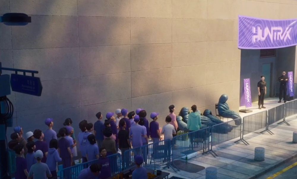 Screenshot from KPOP DEMON HUNTERS which shows a long line of people wearing Huntrix merch waiting to enter the fansigning event. In front of the line are five guys in sleeping bags which is revealed to be the SAJA BOYS members Jinu, Abby, Romance, Mystery, and Baby who slept overnight to be the first to meet Rumi, Mira, and Zoey