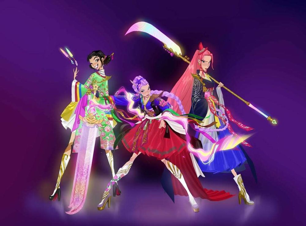 Zoey, Rumi, and Mira wearing green, blue/red, and dark blue hanboks. Art by Euni Cho for KPOP DEMON HUNTERS.