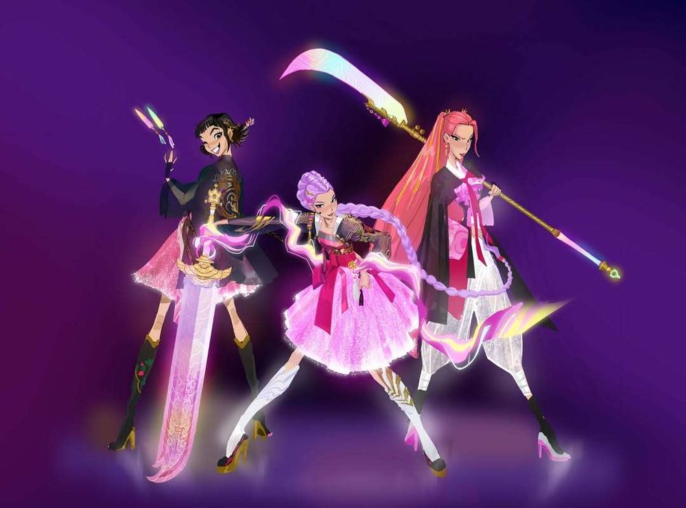 Zoey, Rumi, and Mira wearing black hanboks with pink skirts and ribbons/sashes. Art by Euni Cho for KPOP DEMON HUNTERS.