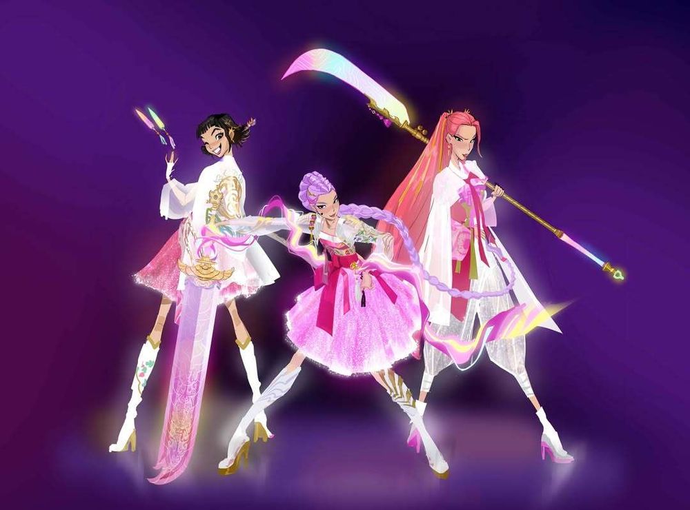Zoey, Rumi, and Mira in pink and white hanboks, their weapons and costume glowing bright. Art by Euni Cho for KPOP DEMON HUNTERS.
