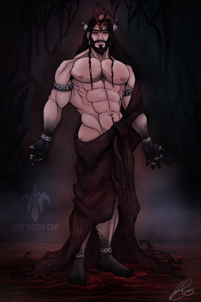 Hades, God of the Underworld, standing on the waters of the River Styx ominously welcoming new souls to his domain.