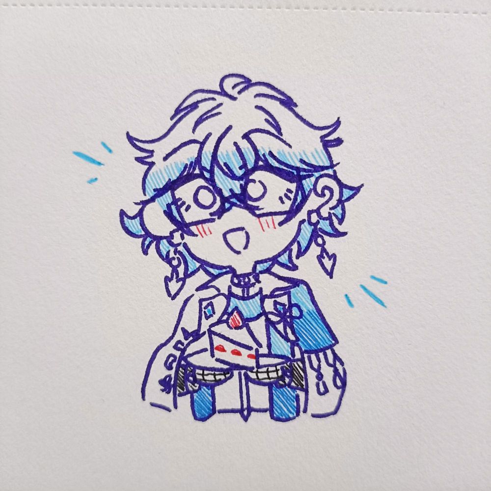 Ike holding a slice of strawberry cake with a cute smile on his face
