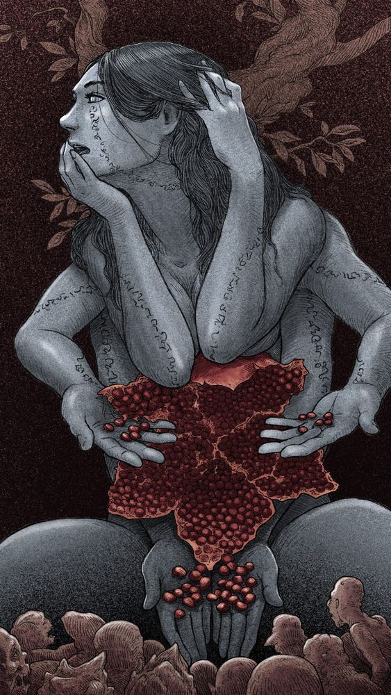 A digital sketch of a large woman with 6 arms and an open pomegranate for a torso. She is offering the fruit of the pomegranate to a crowd of malformed people. 