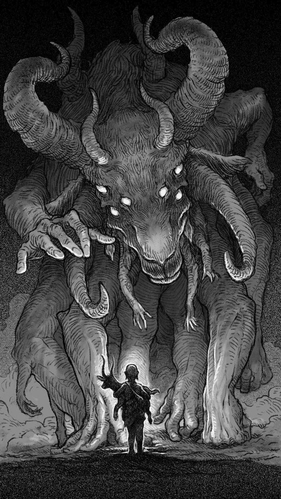 A digital sketch of a young boy carrying a goat and approaching a monstrous gigantic many horned goat-like creature with multiple human arms for legs.