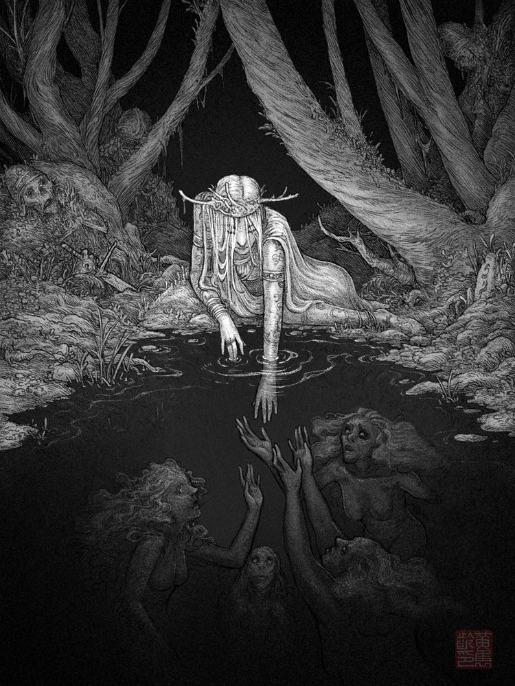 A digital sketch of a woman reaching into a pool of water. She wears a bone-like crown and decorative jewelry. Approaching her hand are a variety of women, some of them appearing injured in various ways. They approach her hand with reverence.