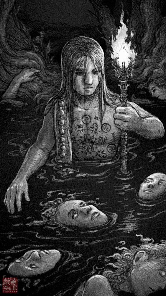 A digital sketch of a person holding a torch, wading into a pool of bodies and faces/heads. The person has a tattoo on their chest.