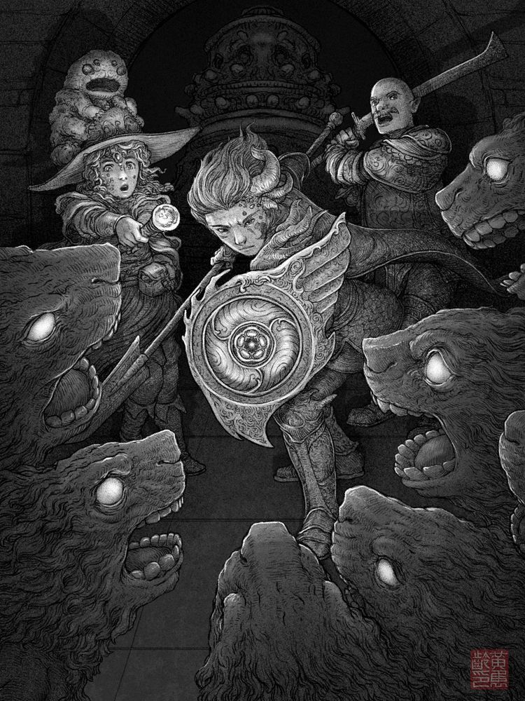 A digital sketch of a group of 3 adventurers surrounded by some creatures with glowing eyes, furry manes, and humanoid teeth. 
One adventurer has a decorative shield and halberd, another has a staff with a circular bauble on it and a small creature on their hat. the last adventurer is bald with a moustache and is holding a sword.