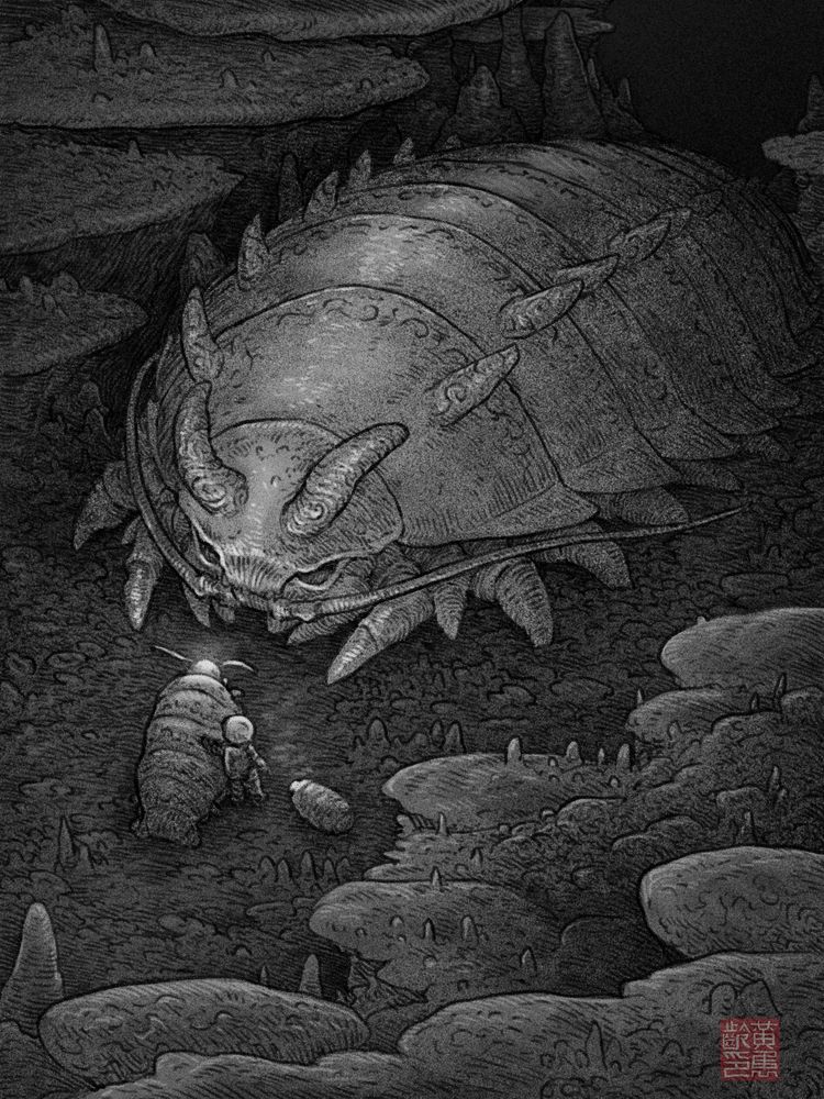 A digital sketch of a large isopod with horns meeting with two smaller isopods and a humanoid submariner.