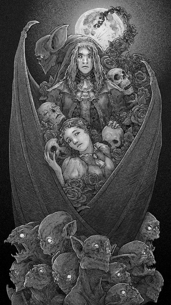 A digital sketch of a vampire lord, his minions, and a young woman. The vampire's wings cradle the woman, some roses, and a number of skeletons. 
Behind them is a moon and a branch of a rose bush that follows the curvature of the moon.
At the base of the drawing, a number of vampiric ghouls growl and gnash their teeth, their eyes glowing in the dark.
