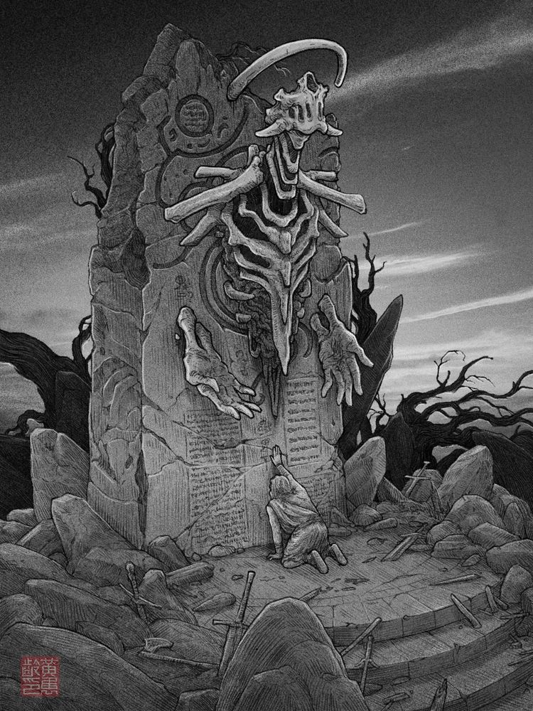 A digital sketch of a large stone monolith. Embedded in it s a skeletal humanoid, its skull is missing its upper half and the sternum is extended down into a point. its forearms and hands are also protruding from the stone. 
The stone is also engraved with markings and writing.
At the foot of the stone, a figure is knelt in front of it, one hand placed on the face of the stone.
