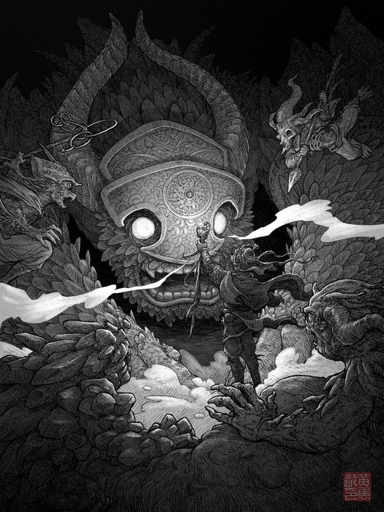 A digital sketch of a person holding up a gnarled staff to ward against a large horned and feathered creature and several other humanoid creatures.
