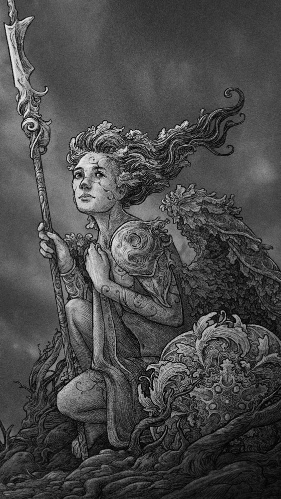 A digital sketch of a winged woman sitting amongst some branches and rocks, she has a very ornate shield resting beside her and is holding an ornate looking spear as well. 
Her wings are made of what look like oak leaves. There are also so oak leaves in her hair.
