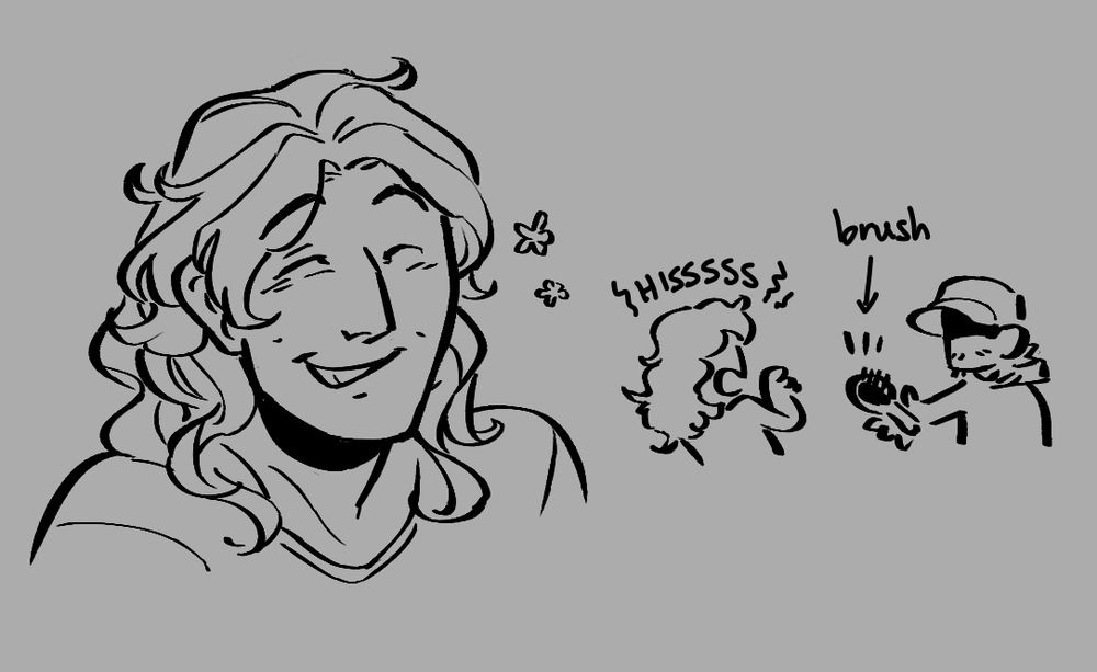 On the left, a sketch of Dixi with wavier, somewhat unkempt hair that falls below his shoulders. On the right, a mini doodle of Dixi hissing and recoiling from Díon offering him a hairbrush. 