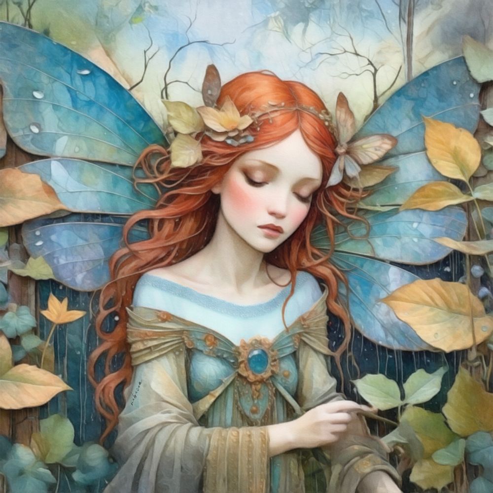 Red haired Angel standing in garden of Fall foliage 