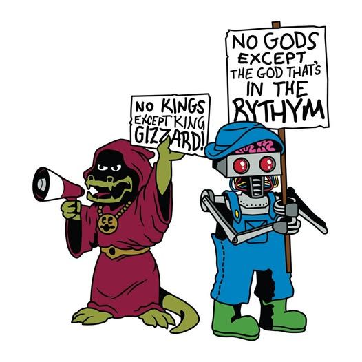 An aligator in a wizard's robe holds a megaphone and a sign that reads "No Kings Except King Gizzard" next to a robot in overalls, boots and a hat holding a sign that reads "No gods except the god that's in the rhythm."
