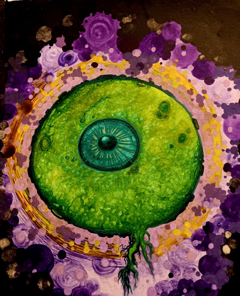 Watercolor of a green eyeball that also looks like a moon, floating against a background of purple and pink dots and swirls.