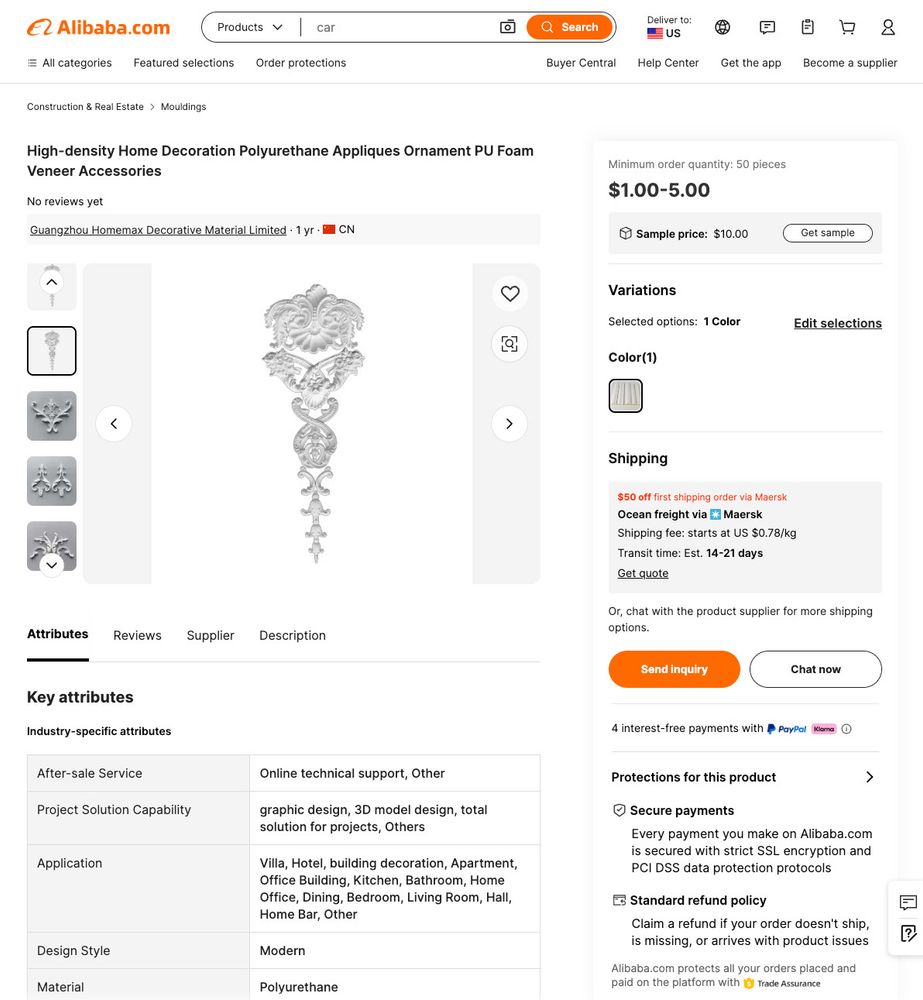 Screenshot aus dem Webshop von Alibaba wo entsprechende Dekorelemente aus Polyurethan ab 1 Dollar bei Großabnahme angeboten werden.
