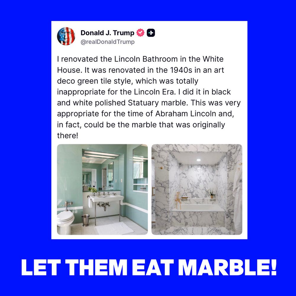 Post von König Donald, darunter zwei Fotos, die das Bad vorher und nachher zeigen.