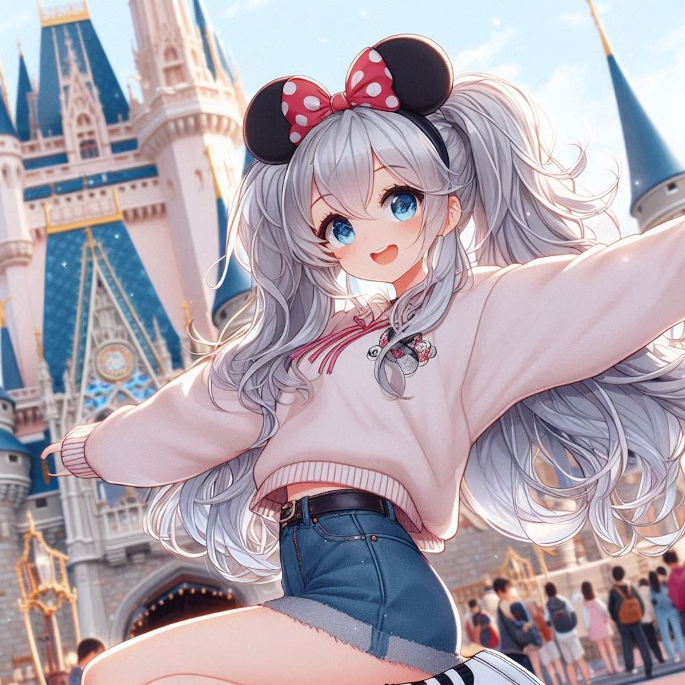 東京ディズニーランドのシンデレラ城の前で、ミッキーのカチューシャをつけて、はしゃいでいる、銀色の髪の毛をツインテール、青い目、女性、日本の２Dアニメ風