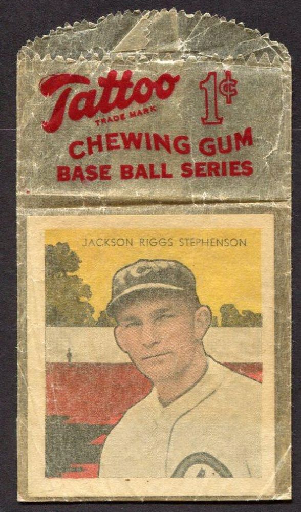 Red and yellow baseball card of player Jackson Riggs Stephenson inside a wax sleeve advertising Tattoo 1-cent gum's baseball series.