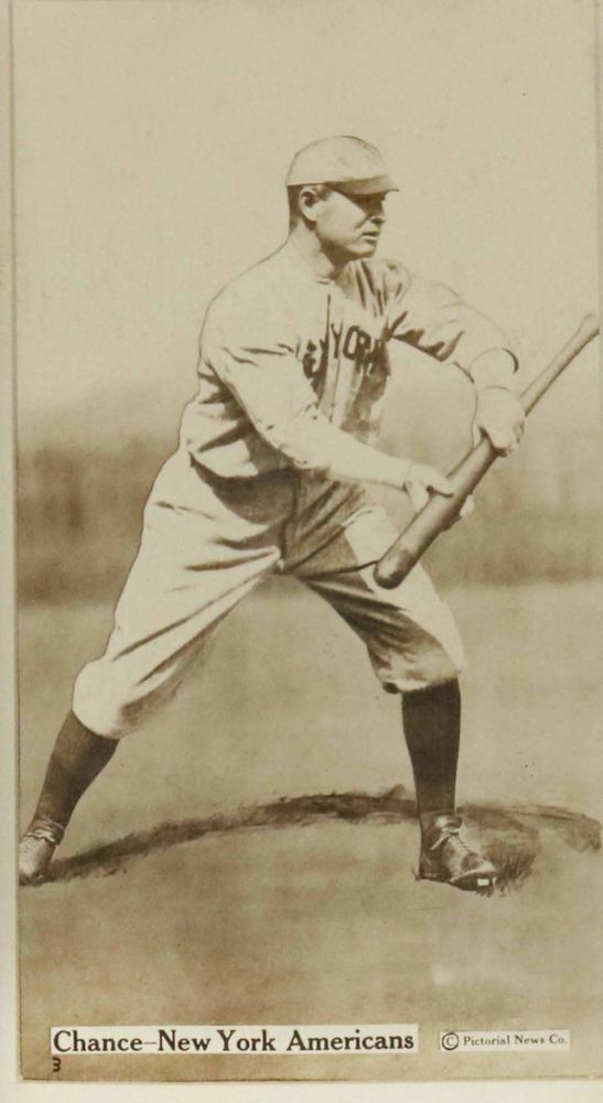Baseball card of Frank Chance of the Yankees in a bunting position from the right side. He's holding the bat carelessly with fingers exposed to the incoming pitch, so is likely demonstrating for a photo and not really expecting a ball thrown his way.