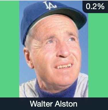 Immaculate Grid profile photo of Walter Alston, wearing a Dodgers cap. His score is 0.2%.