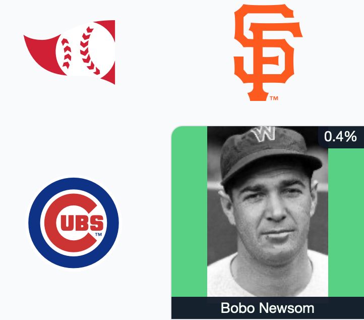 Bobo Newsom in the Cubs and Giants square from the online trivia game Immaculate Grid. His score is 0.4%.