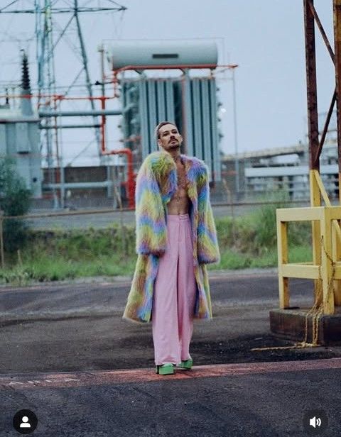 Daniel Johns, au centre de l'image, soit un homme assez grand avec des cheveux blonds courts et une barbe plus foncée porte un manteau de fausse fourrure multicolore, un pantalon rose et des chaussures à plateformes vertes.
Il se trouve sur un site industriel donc on voit autour de lui une barrière jaune, un poteau électrique, une grosse canalisation rouge, une grosse cuve blanche et des bâtiments de stockage.