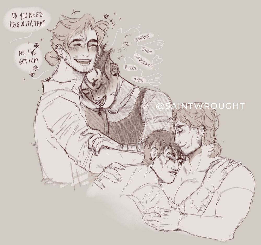 Two sketches in sepia. Chloe is inebriated and leaning on a grinning Kennedy, calling him a number of loving pet names. Kennedy is asked if he needs help handling Chloe, but he’s more than happy to take care of his partner. The other sketch shows Chloe sleeping on top of Kennedy as he watches over him lovingly.