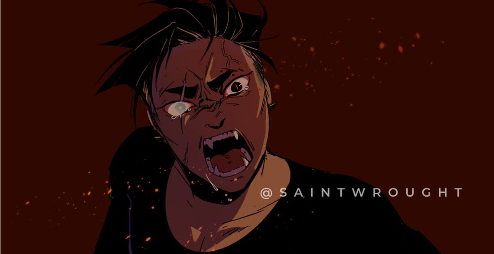 A young man, screaming harshly and crying. His eyes are blood shot but his right one is blind. Small red embers are scattered across the canvas.