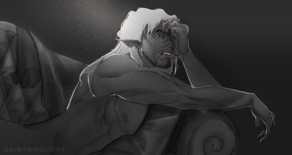 a black and white drawing of a triton on a sofa laying on his belly. He's propped up on the couch arm with one hand partially covering his face. He is scowling with a cigarette in his teeth with light filtering down from the left. 