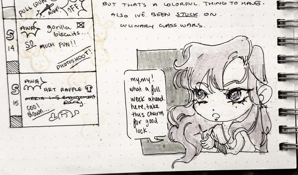 A small chibi of a witch giving the viewer a small magic charm for a good week