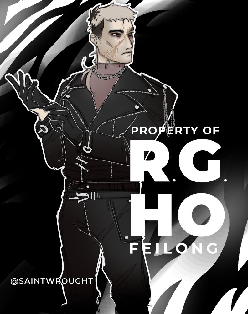 Image of a stern/stoic looking butch dressed in all leather. he has a huge scar across his face and does not look well-rested. There is text on the screen "PROPERTY OF R.G. HO, FEILONG"