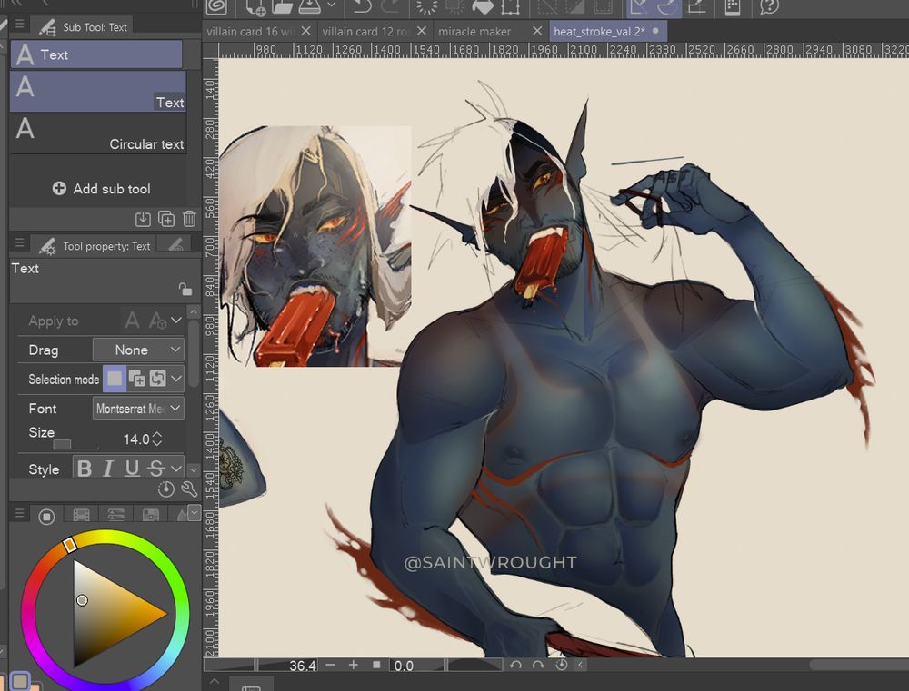 WIP Screenshot of a blue triton with red gills and fins. He is shirtless and has a bad sunscreen in the form of a cropped tank top. He has a popsicle in his mouth and is trying to detangle his hair